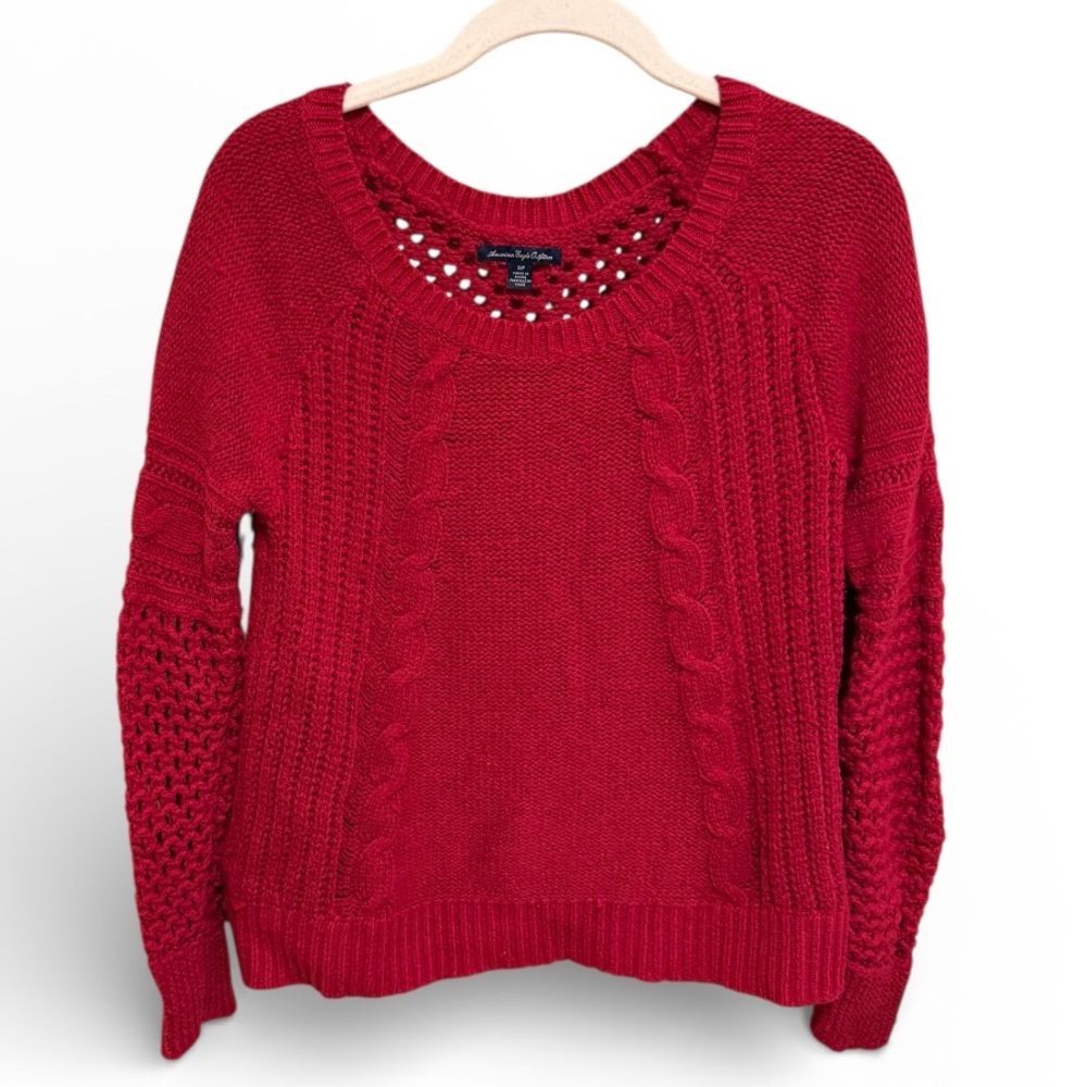 American Eagle Red Cable Knit Sweater Cotton Wool Blend Cozy Holiday Fall S/P